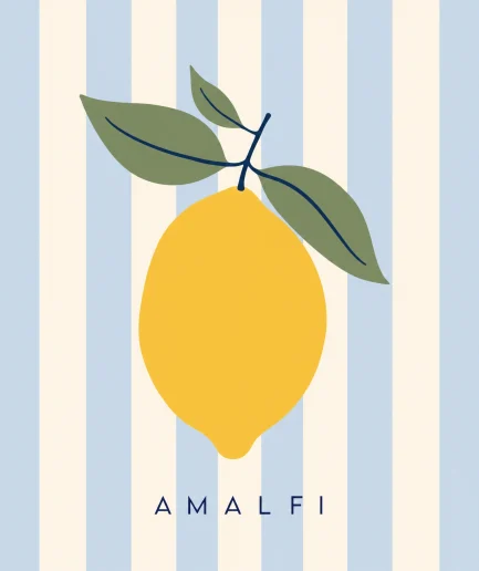 Illustration citron amalfi sur fond rayures Riviera bleu et crème