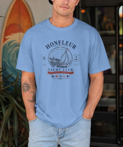 T-shirt Honfleur Yacht Club vintage bleu clair – Régates & Traditions Normandie