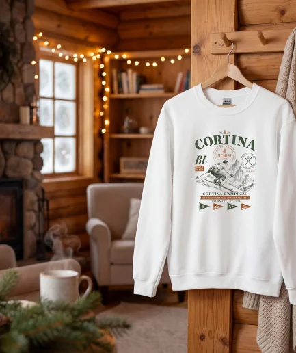 Sweat Cortina d'Ampezzo vintage blanc suspendu dans un chalet de montagne devant une cheminée