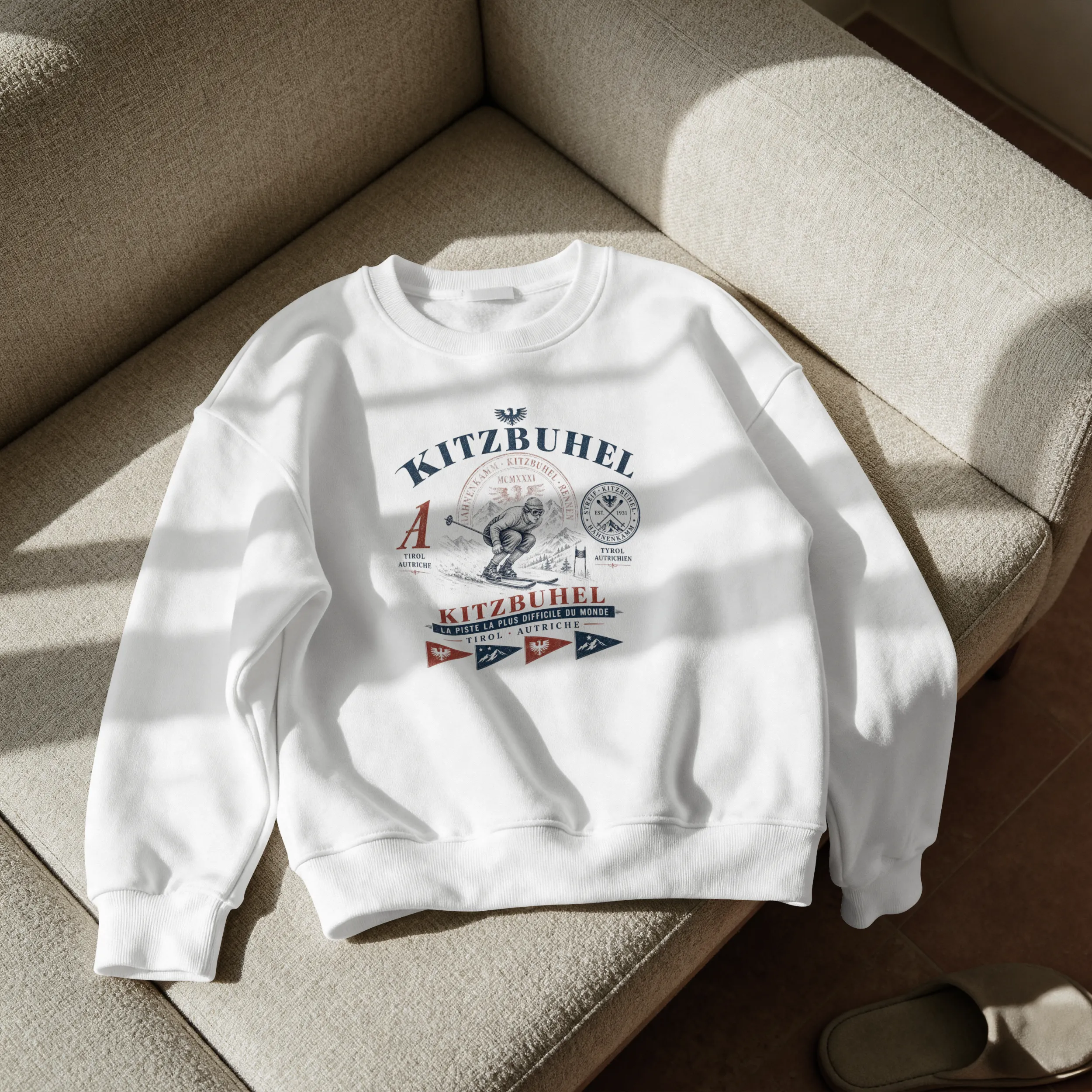 sweatshirt-kitzbuhet-ski-blanc-canape Sweat Kitzbühel Vintage – Esprit Hahnenkamm 1931