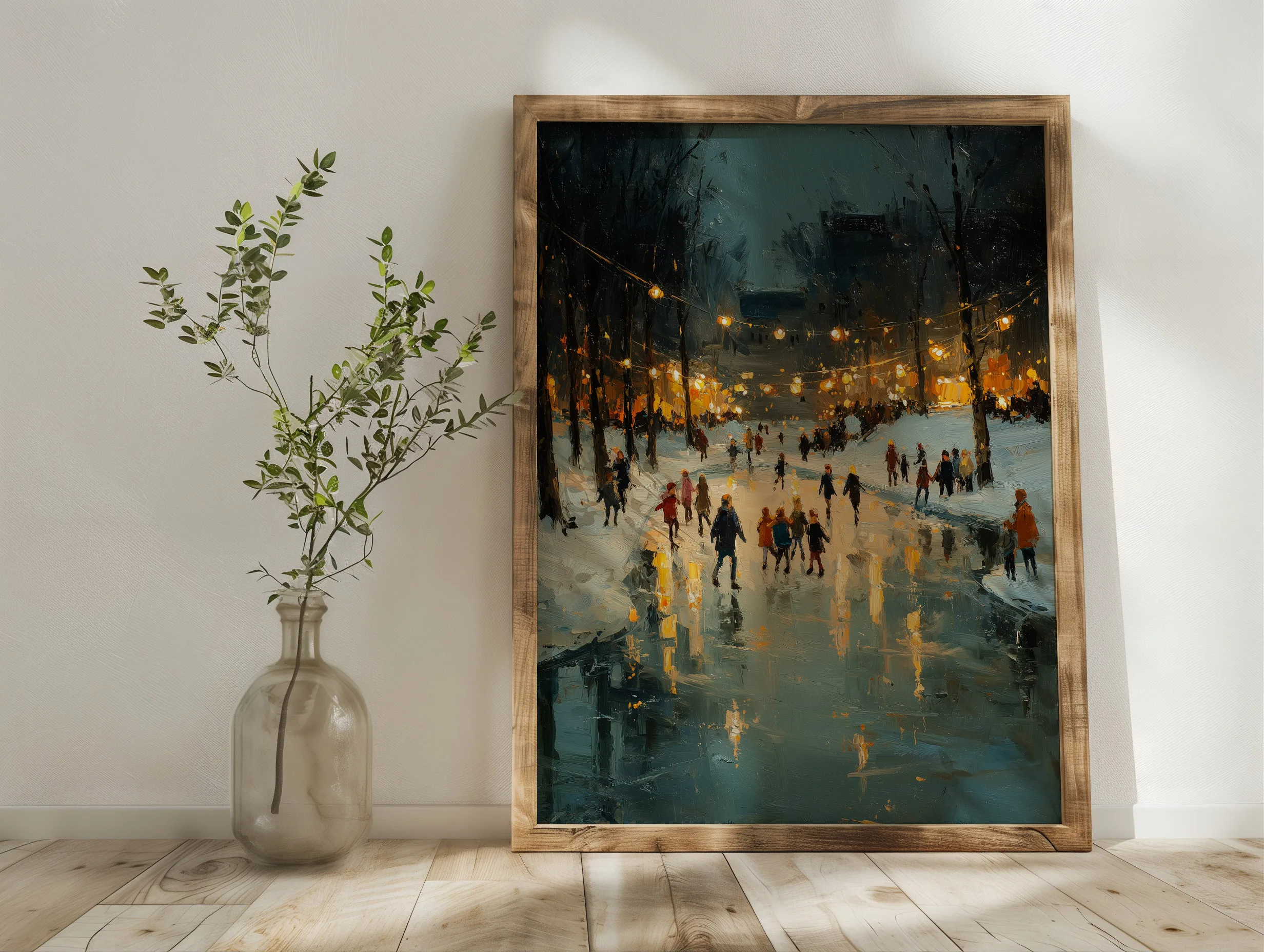 Affiche patinoire hiver grand format suspendue au-dessus d'un banc en bois avec une branche d'eucalyptus.