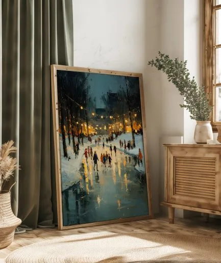 Affiche patinoire hiver au style rétro encadrée et posée dans un salon chaleureux aux rideaux vert sapin.