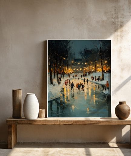 Décoration d'intérieur cocooning avec l'affiche patinoire hiver intégrée sur un mur beige épuré.