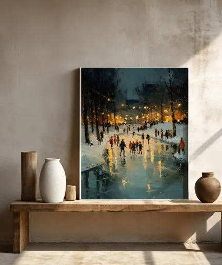 Décoration d'intérieur cocooning avec l'affiche patinoire hiver intégrée sur un mur beige épuré.