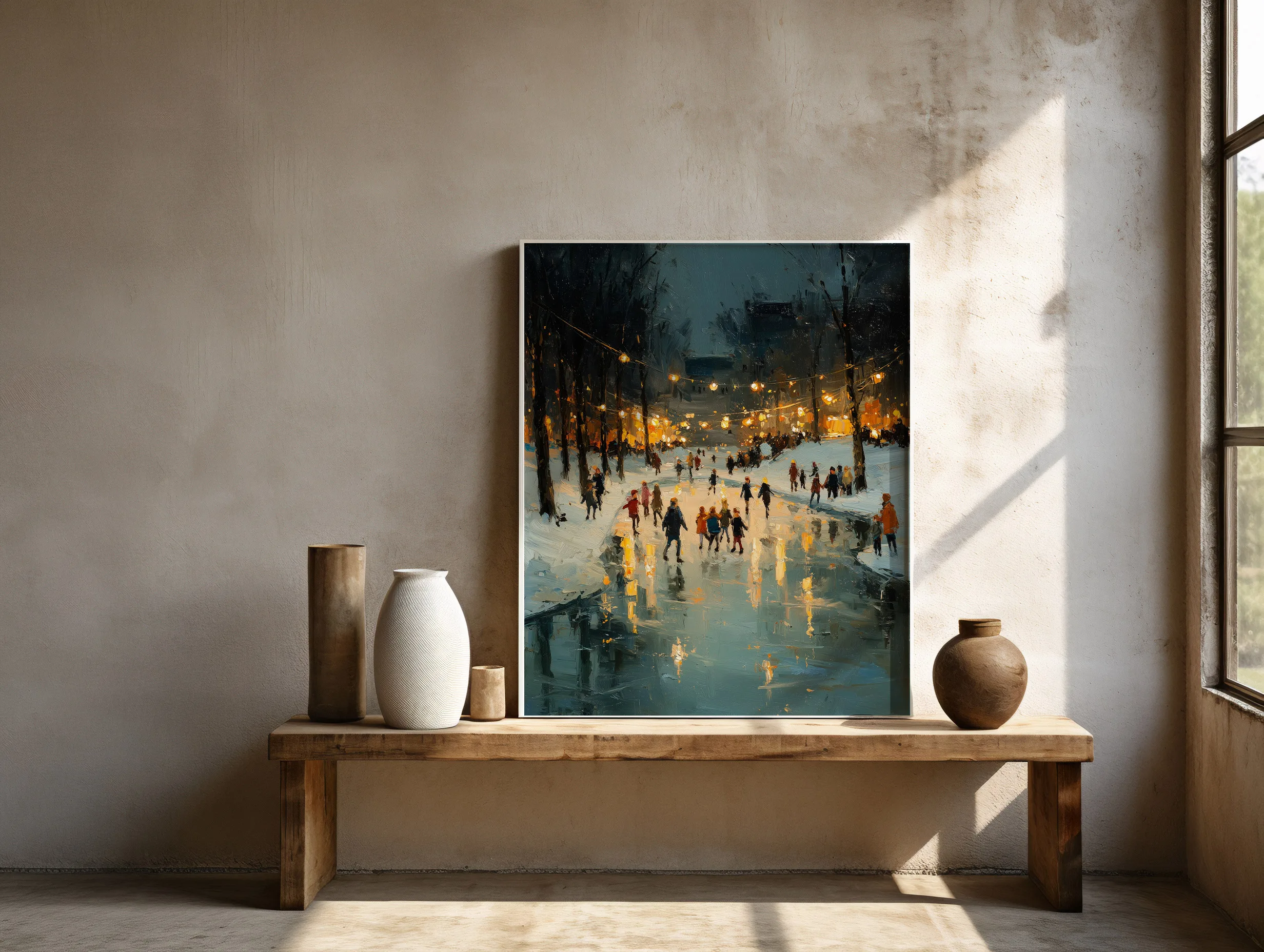 Décoration d'intérieur cocooning avec l'affiche patinoire hiver intégrée sur un mur beige épuré.