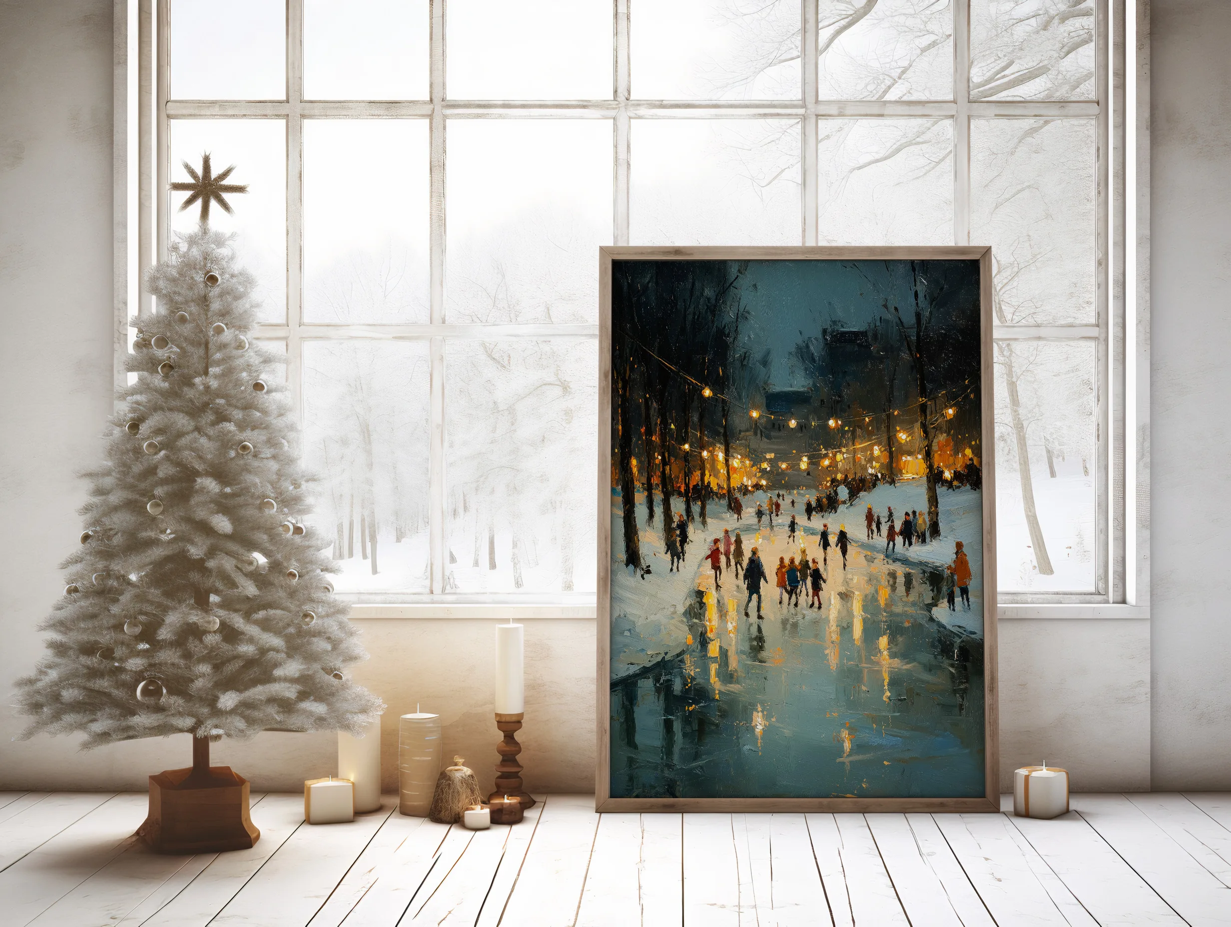 Idée déco de Noël avec l'affiche patinoire hiver disposée à côté d'un sapin festif devant une grande fenêtre.
