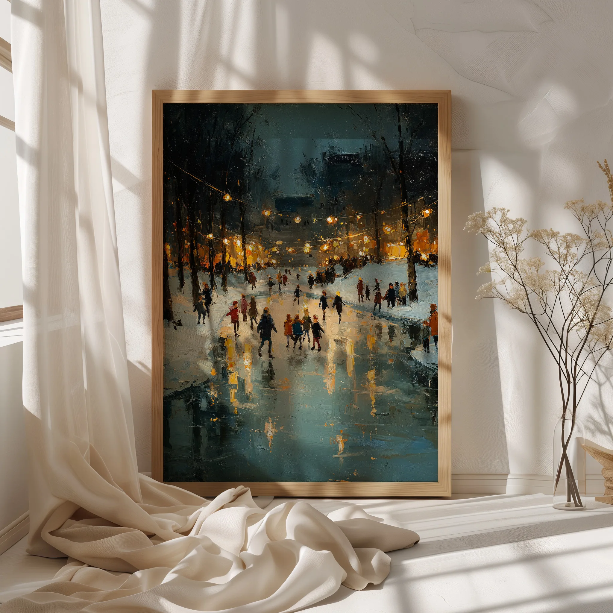 Affiche patinoire hiver avec cadre en bois naturel exposée sous une lumière tamisée d'automne.