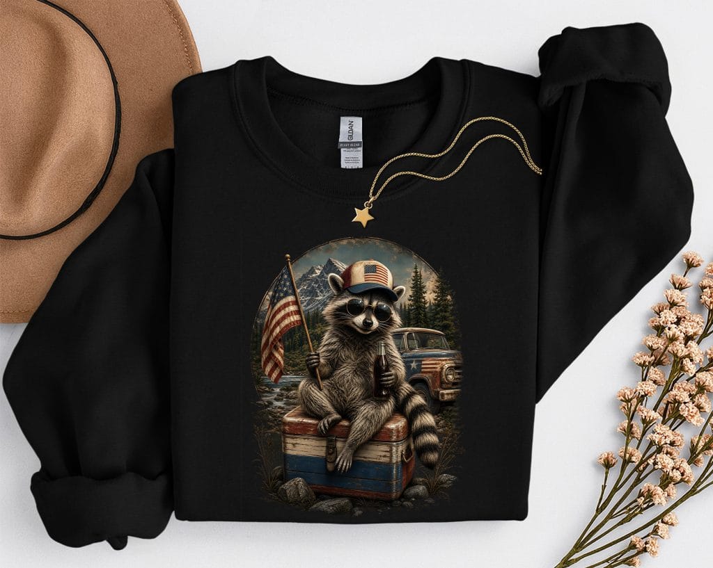 Sweat Raton Laveur Lunettes de Soleil marine à plat avec imprimé raton laveur style USA vintage, casquette et drapeau américain