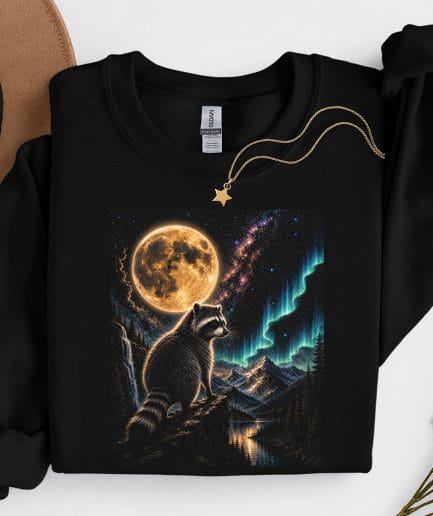 Sweat raton laveur lune vintage - illustration galaxie et aurores boréales