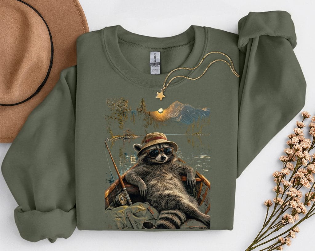 Sweat-shirt vert militaire col rond imprimé raton laveur pêcheur dans une barque sur un lac de montagne, coupe unisexe décontractée.