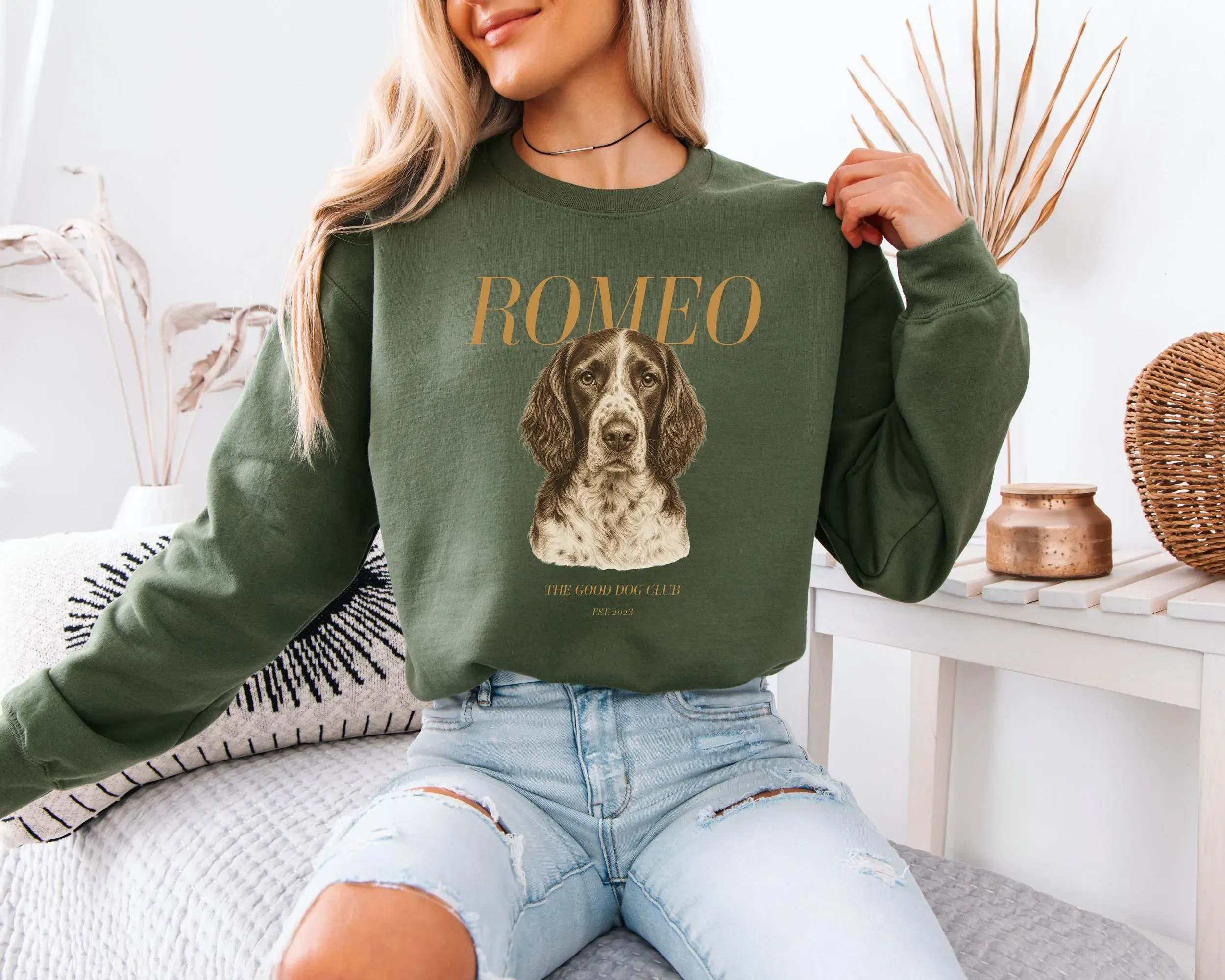 sweat-chien-personalie-vert Sweatshirt personnalisé chien avec portrait vert militaire