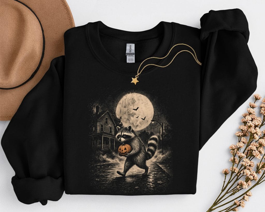 Sweat Halloween raton laveur noir, motif vintage maison hantée pleine lune.