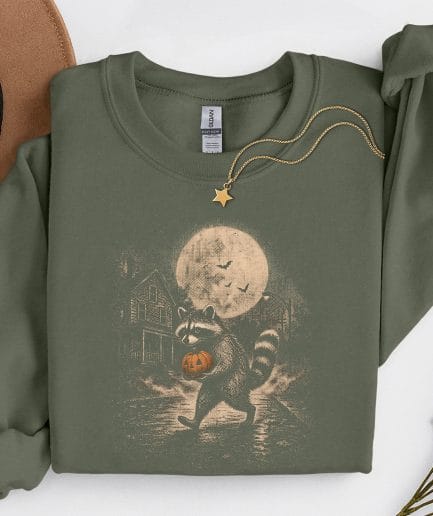 Sweat Halloween raton laveur vert militaire, sweat col rond automne.