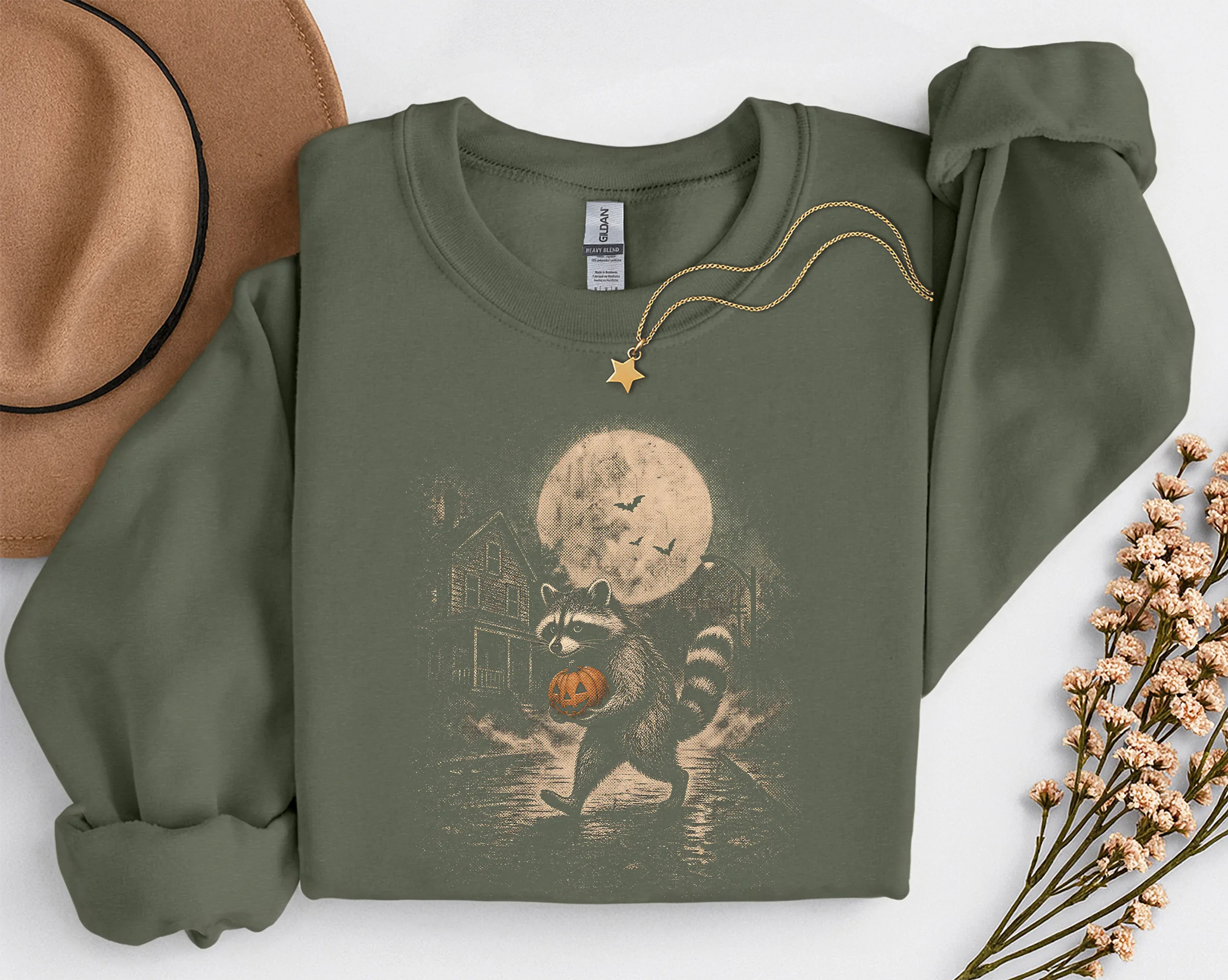 sweat-raton-halloween-vert Sweat Halloween raton laveur vert militaire, sweat col rond automne.