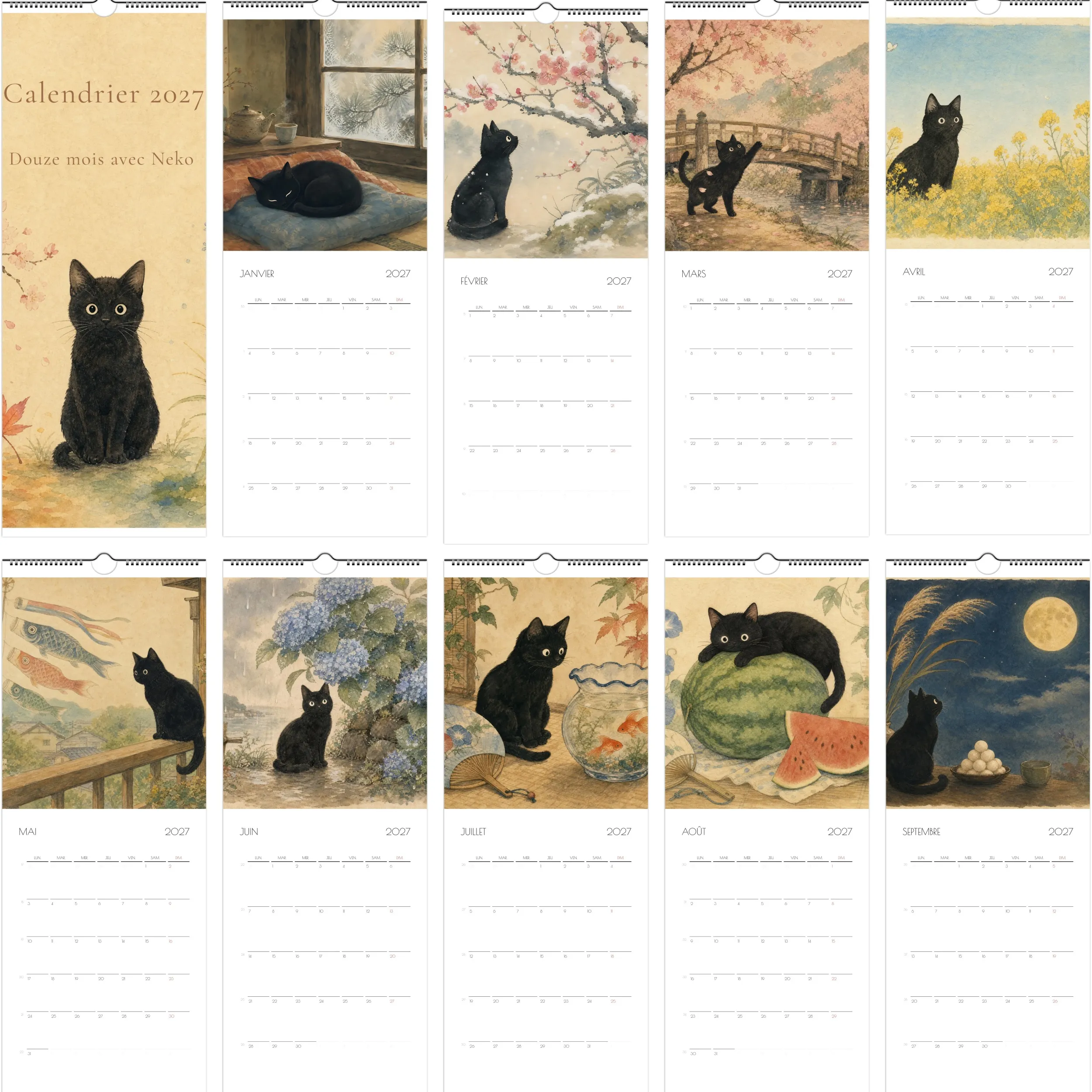 calendrier-2027-chat-14-40 Calendrier mural 2027 chat noir format slim vertical, 14,8 x 40 cm, Neko et les quatre saisons