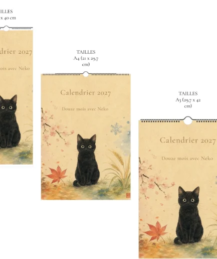calendrier mural 2027 chat noir en trois tailles : A4, A3 et slim