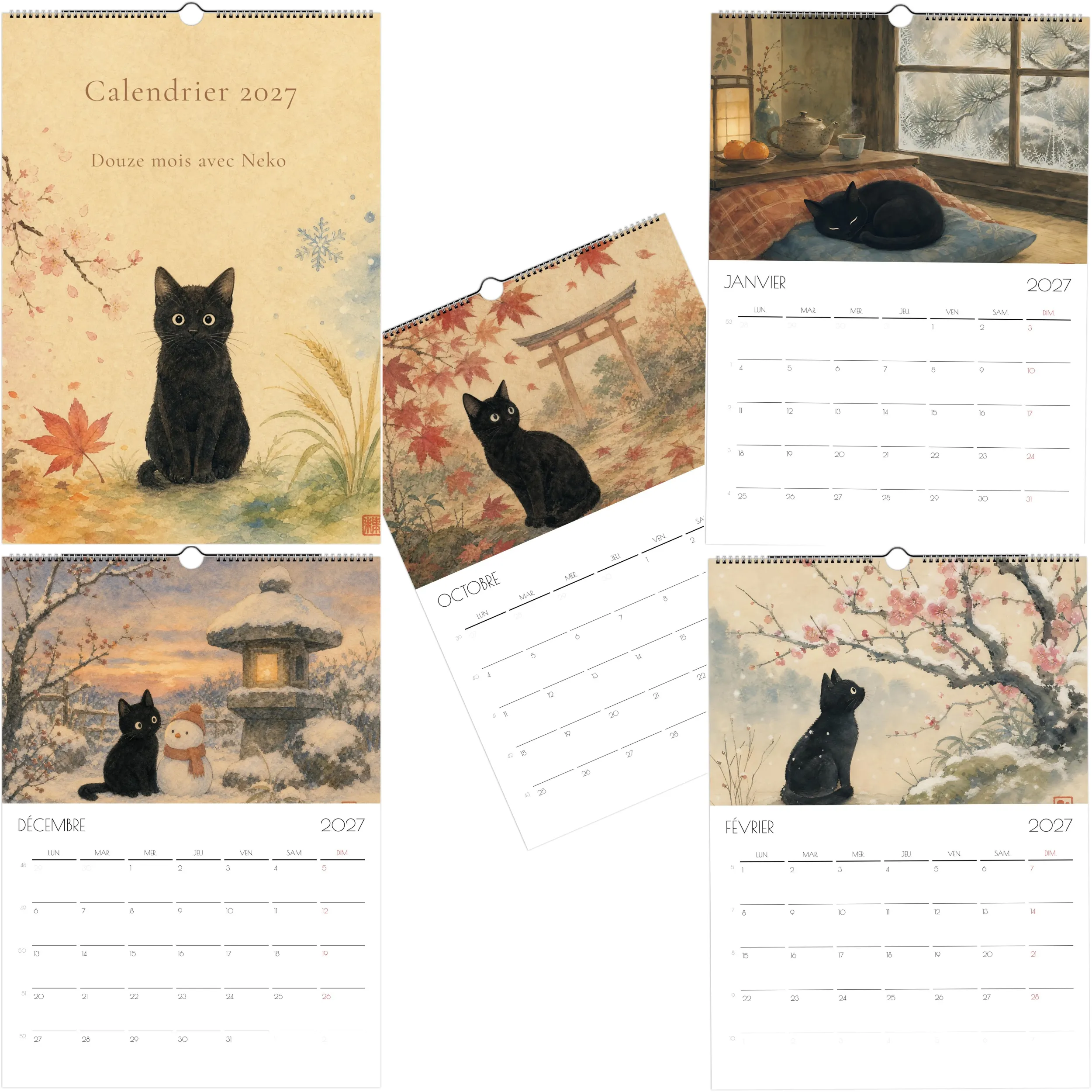 calendrier-2027-chat-A3 Calendrier mural 2027 chat noir grand format A3 vertical, 29,7 x 42 cm