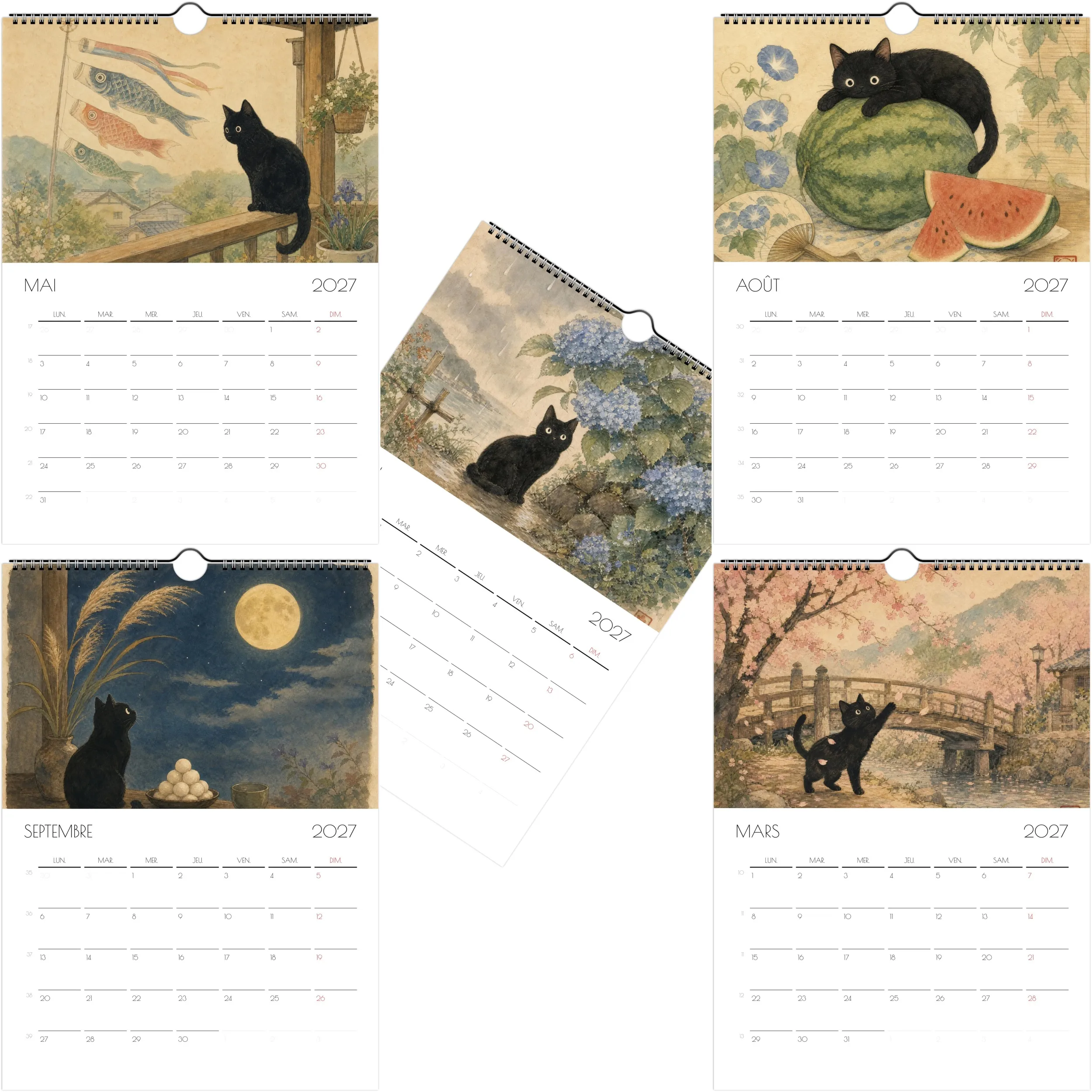 calendrier-2027-chat-a4 Calendrier mural 2027 chat noir format A4 vertical, 21 x 29,7 cm, saisons du Japon