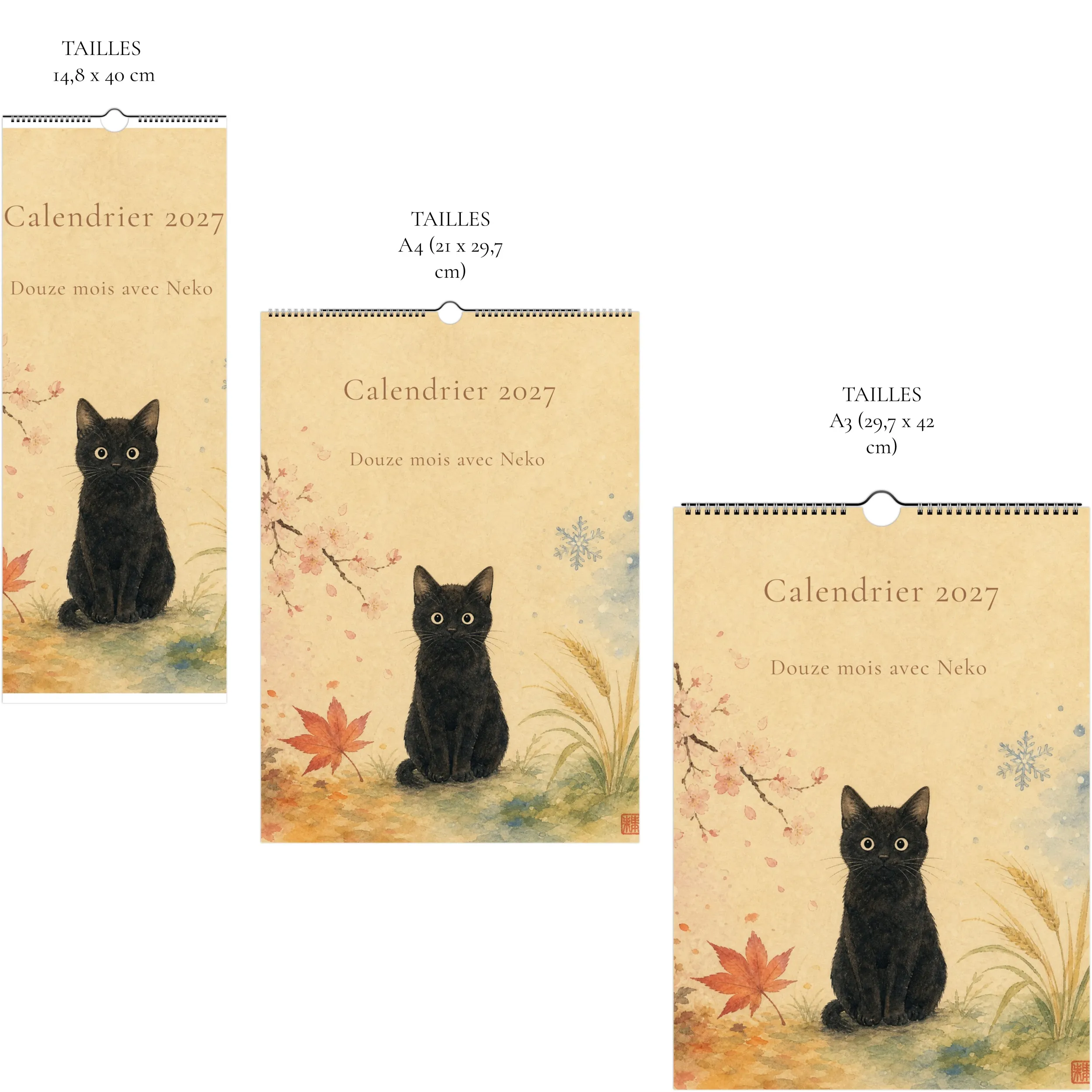 calendrier-2027-chat calendrier mural 2027 chat noir en trois tailles : A4, A3 et slim