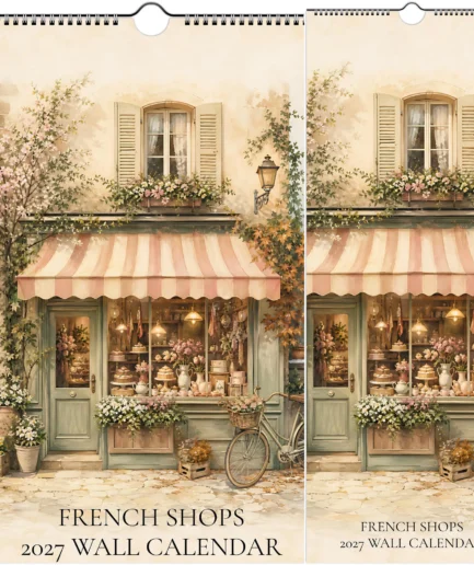 Calendrier mural 2027 boutiques françaises, devanture de boutique en gouache vintage