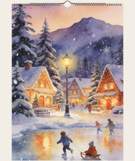 calendrier mural 2027 chalet Scènes de chalets enneigés et de patineurs