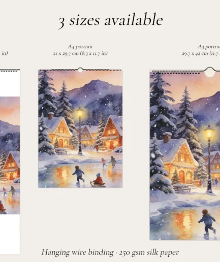 Calendrier mural 2027 chalet d'hiver, illustration aquarelle de chalet enneigé au crépuscule