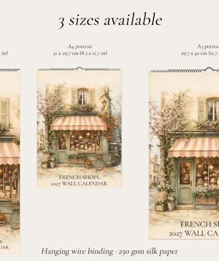 Calendrier mural 2027 boutiques françaises disponible en trois tailles : slim, A4 et A3