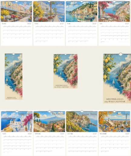 Aperçu des illustrations du calendrier mural 2027 Méditerranée, Côte d'Azur et Italie