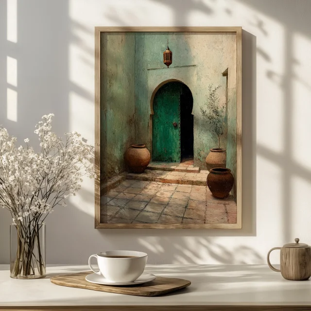 Affiche murale riad marocain avec porte verte, style décoration orientale